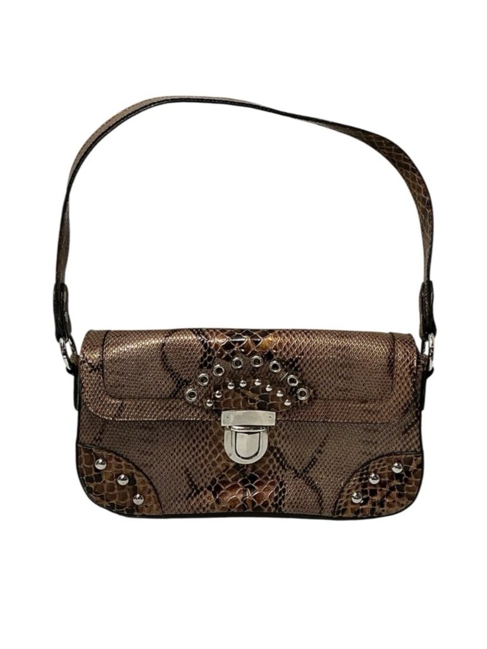 Brown Brown FauFaux Snakeskin Studded Shoulder Bag Y2K 2000s Satchel Purse Retro
